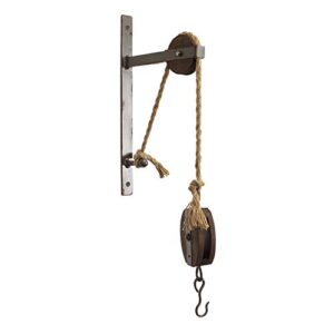 melrose 16" pulley mounting bracket with hook - metal/wood, rustic vintage style metal and wood pulleys and hooks wall hanging