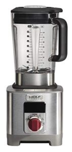 wolf gourmet high-performance blender, 64 oz jar, 4 program settings, 12.5 amps, blends food, shakes and smoothies, red knob, stainless steel (wgbl100s)