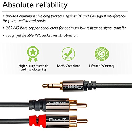 3.5mm to RCA Cable, GearIT Pro Series 35 Feet Premium Gold Plated 3.5mm to RCA Audio Stereo Cable for Headphones, Home System, Car Stereo, iPods, iPhones, MP3 Players and More - Black