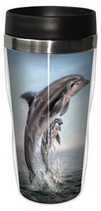 dolphin leaping travel mug, stainless lined coffee tumbler, 16-ounce - linda thompson - gift for ocean animal lovers - tree-free greetings