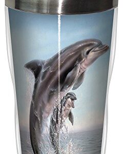 Dolphin Leaping Travel Mug, Stainless Lined Coffee Tumbler, 16-Ounce - Linda Thompson - Gift for Ocean Animal Lovers - Tree-Free Greetings