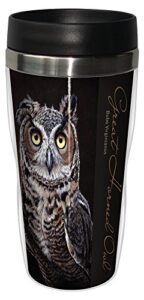 great horned owl travel mug, stainless lined coffee tumbler, 16-ounce - jeremy paul - gift for bird and owl lovers - tree-free greetings