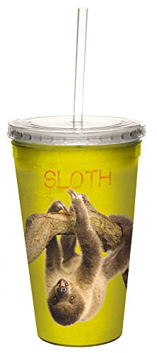 Tree-Free Greetings Cool Cups, Double-Walled PBA Free with Straw and Lid Travel Insulated Tumbler, 16 Ounces, Sloth