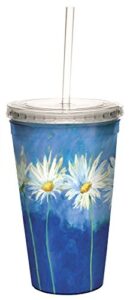 tree-free greetings nel whatmore daisies on blue double-walled cool cup with reusable straw, 16-ounce