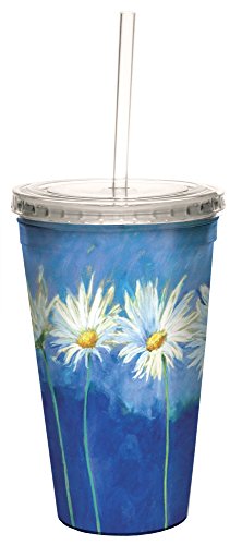 Tree-Free Greetings Nel Whatmore Daisies on Blue Double-Walled Cool Cup with Reusable Straw, 16-Ounce