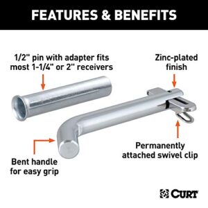 CURT 21561 Swivel Trailer Hitch Pin, 1/2-Inch Diameter with 5/8-Inch Adapter, Fits 1-1/4 or 2-Inch Receiver, Clear ZINC