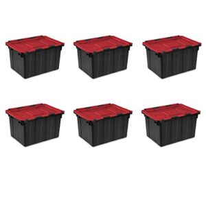 sterilite 14619006 12 gallon/45 liter hinged lid industrial tote, racer red lid w/ black base, 6-pack