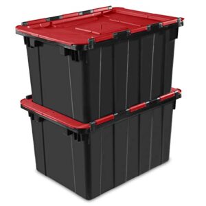 Sterilite 14619006 12 Gallon/45 Liter Hinged Lid Industrial Tote, Racer Red Lid w/ Black Base, 6-Pack