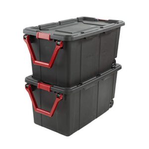 Sterilite 14699002 40 Gallon/151 Liter Wheeled Industrial Tote, Black Lid & Base w/ Racer Red Handle & Latches, 2-Pack