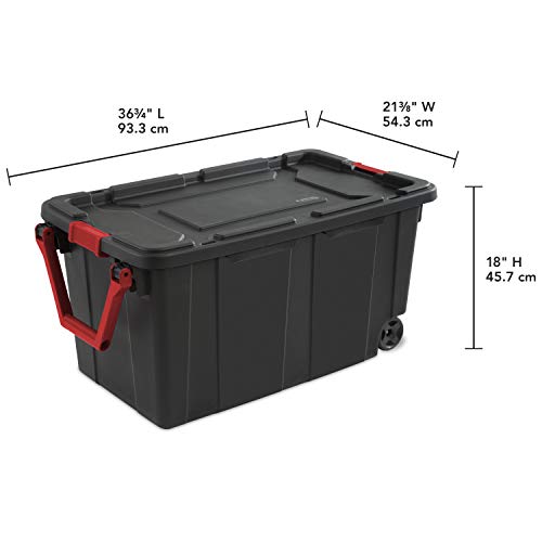 Sterilite 14699002 40 Gallon/151 Liter Wheeled Industrial Tote, Black Lid & Base w/ Racer Red Handle & Latches, 2-Pack