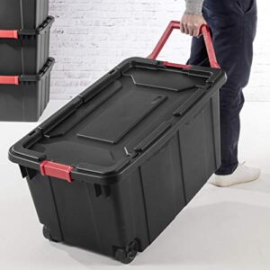 Sterilite 14699002 40 Gallon/151 Liter Wheeled Industrial Tote, Black Lid & Base w/ Racer Red Handle & Latches, 2-Pack