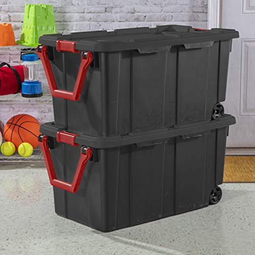 Sterilite 14699002 40 Gallon/151 Liter Wheeled Industrial Tote, Black Lid & Base w/ Racer Red Handle & Latches, 2-Pack