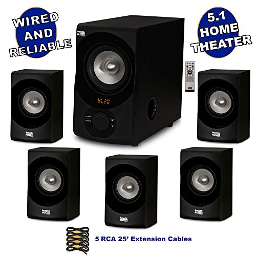 Acoustic Audio by Goldwood AA5171 Home Theater 5.1 Bluetooth Speaker System with FM and 5 Extension Cables, Black