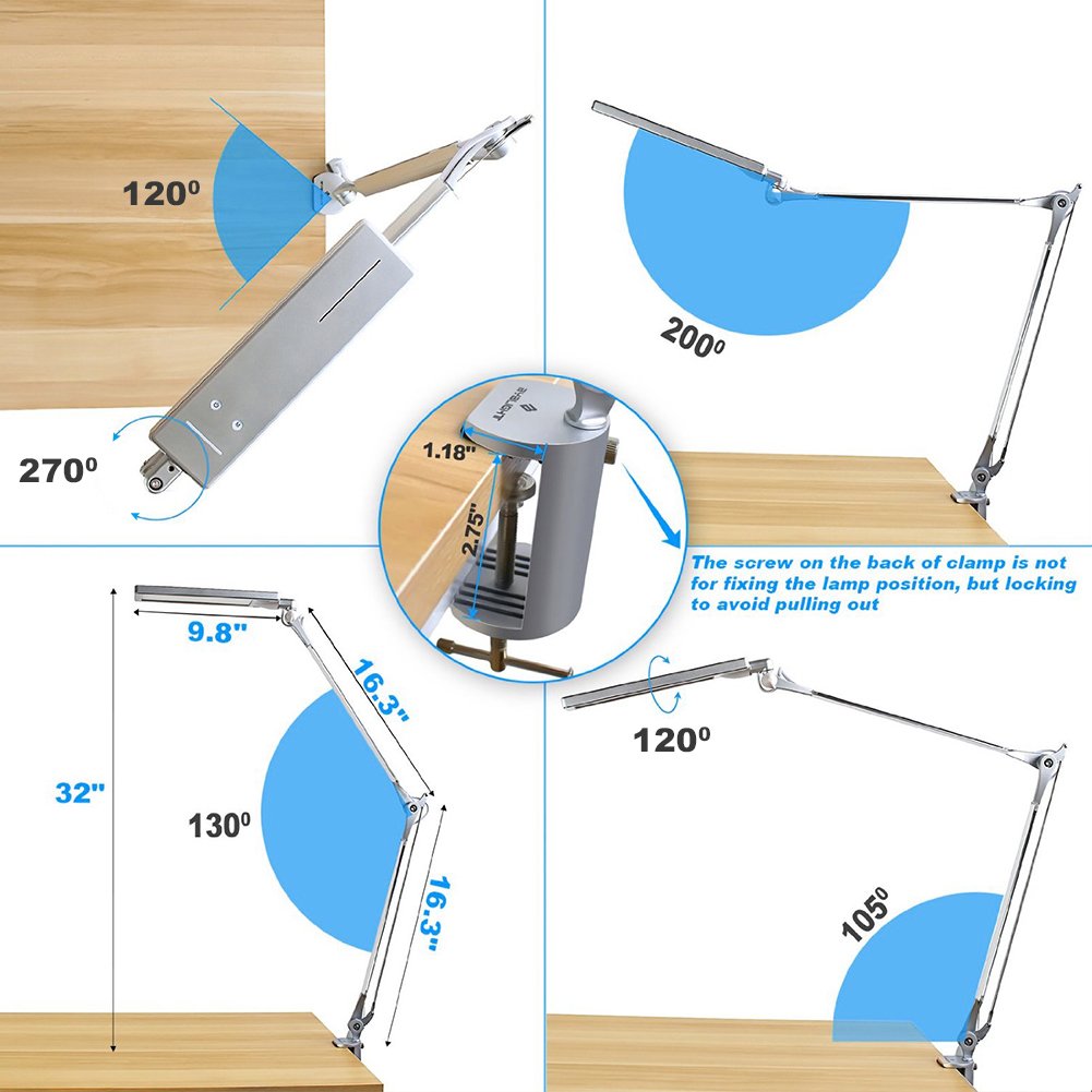 BYB Metal LED Desk Lamp, Architect Swing Arm Lamp with Clamp, Eye-Care Drafting Task Lamp with 4 Color 6 Brightnss, Touch Control, Memory Function for Home Office, Monitor Studio Reading (Silver)