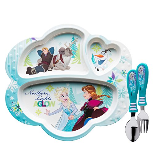 Zak Designs Frozen Dinnerware Melamine 3-Section Divided Plate and Utensil Made of Durable Material and Perfect for Kids, 3 Piece Set, Disney Frozen 3pc