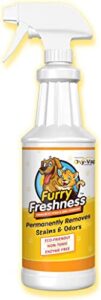 furryfreshness extra strength cat or dog pee stain & permanent odor remover + smell eliminator -removes stains from pets & kids including urine or blood- lifts old carpet stains- 32oz spray