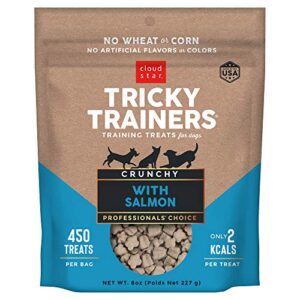 cloud star tricky trainers crunchy dog training treats 8 oz pouch, salmon flavor, low calorie behavior aid with 450 treats