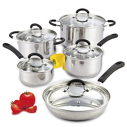 Cook N Home Stainless Steel Cookware Sets 10 Piece, Pots and Pans with Stay-Cool Handles Cooking Set for Kitchen, Dishwasher Safe, Silver