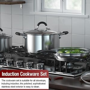 Cook N Home Stainless Steel Cookware Sets 10 Piece, Pots and Pans with Stay-Cool Handles Cooking Set for Kitchen, Dishwasher Safe, Silver