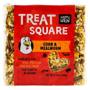 happy hen treats 6.5 oz. square, mealworm and corn, 4.25" by 4.25" by 1.25"