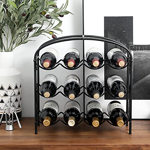 Black Wine Rack Countertop, Modern Grapevine Design Freestanding Metal 12 Wine Bottle Organizer Storage