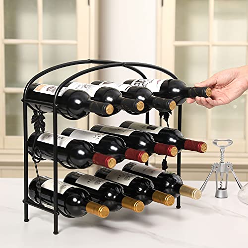 Black Wine Rack Countertop, Modern Grapevine Design Freestanding Metal 12 Wine Bottle Organizer Storage