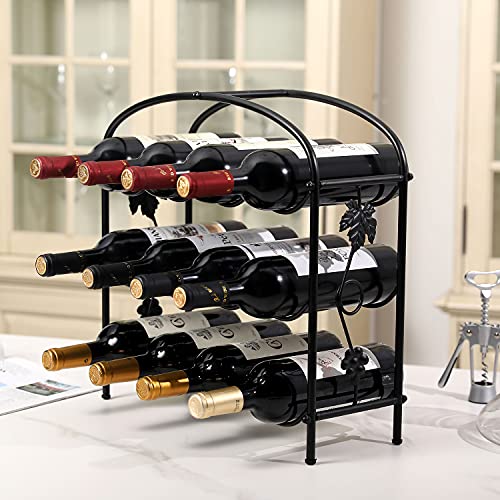 Black Wine Rack Countertop, Modern Grapevine Design Freestanding Metal 12 Wine Bottle Organizer Storage