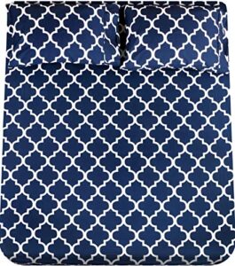 utopia bedding queen sheet set, soft microfiber 4 piece bed sheets with 16" deep pocket - easy care brushed microfiber (quatrefoil - navy)