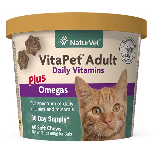 NaturVet VitaPet Adult Daily Vitamins Plus Omegas for Cats, 60 ct Soft Chews, Made in The USA with Globally Source Ingredients