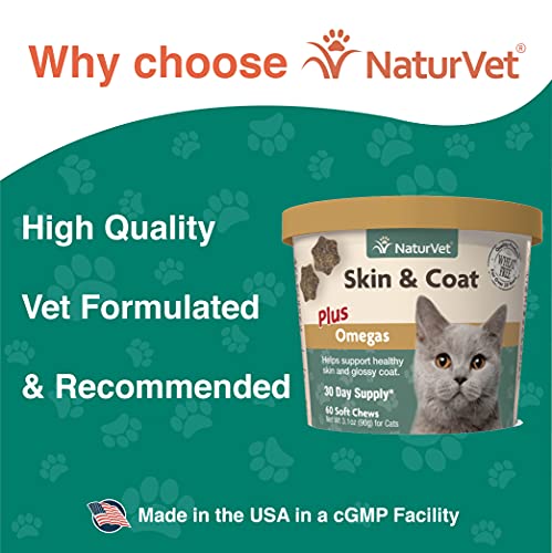 NaturVet – Skin & Coat Plus Omegas for Cats – 60 Soft Chews | Supports Healthy Skin & Glossy Coat | Enhanced with Omega-3, Omega-6 & Biotin | 30 Day Supply