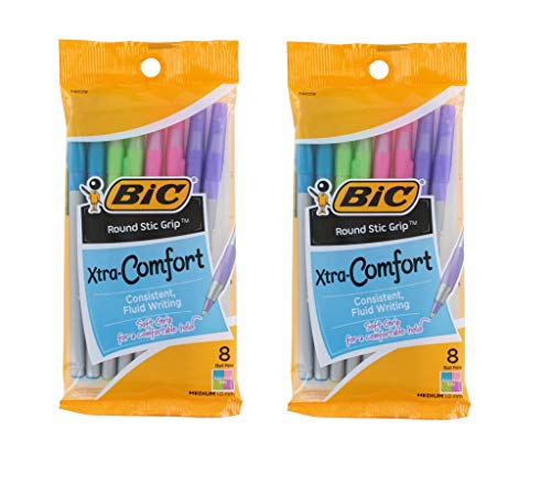 BIC Round Stic Grip Xtra Comfort Fashion Ballpoint Pens, Pack of 16 - Pastel Blue, Green, Pink, Purple, 1.0mm