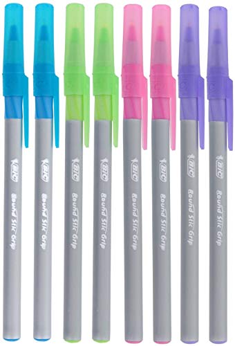 BIC Round Stic Grip Xtra Comfort Fashion Ballpoint Pens, Pack of 16 - Pastel Blue, Green, Pink, Purple, 1.0mm