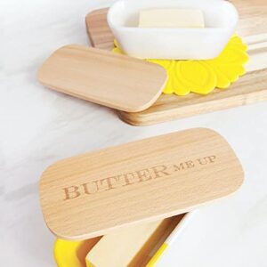 Talisman Designs Laser Etched Vivid Beechwood & Stoneware Butter Dish with Lid Butter Me Up Solid Wooden Lid Butter Holder Fun & Functional Kitchen Supplies