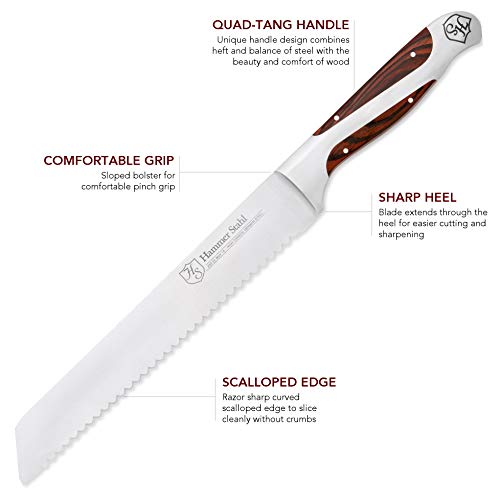 Hammer Stahl 8-Inch Bread Knife - Scallop Serrated Blade - High Carbon German Steel - Ergonomic Quad-Tang Pakkawood Handle