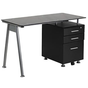 flash furniture singleton black glass computer desk with three drawer pedestal