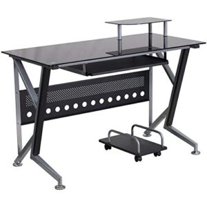 flash furniture singleton black glass computer desk with pull-out keyboard tray and cpu cart
