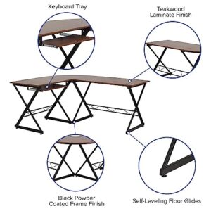 Flash Furniture Singleton Teakwood Laminate L-Shape Computer Desk with Pull-Out Keyboard Tray