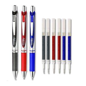 pentel energel deluxe rtx retractable liquid gel ink pens pack of 3 with 4 refills (assorted - 0.7mm)