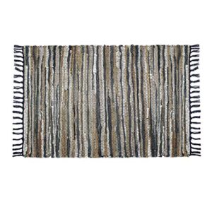 cotton craft leather chindi area rug - boho farmhouse rustic accent rug - handwoven reversible natural recycled leather throw rug - entryway living room dorm study gift - 3'x5' - grey ivory multicolor