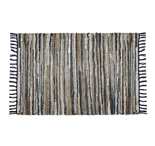 COTTON CRAFT Leather Chindi Area Rug - Boho Farmhouse Rustic Accent Rug - Handwoven Reversible Natural Recycled Leather Throw Rug - Entryway Living Room Dorm Study Gift - 3'x5' - Grey Ivory Multicolor