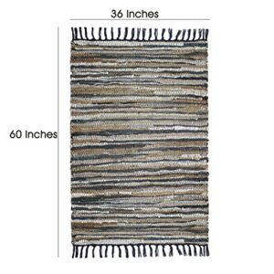 COTTON CRAFT Leather Chindi Area Rug - Boho Farmhouse Rustic Accent Rug - Handwoven Reversible Natural Recycled Leather Throw Rug - Entryway Living Room Dorm Study Gift - 3'x5' - Grey Ivory Multicolor