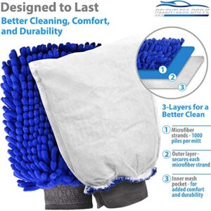 Relentless Drive Car Wash Mitt & Works as Car Wash Sponge, Chenille Microfiber Wash Mitt Scratch Free, Ultra Absorbent Microfiber Mitt for Cars, Trucks, SUV, Boat & Motorcycle (Large)