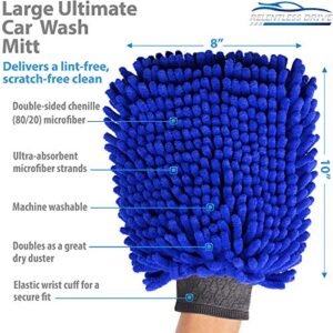 Relentless Drive Car Wash Mitt & Works as Car Wash Sponge, Chenille Microfiber Wash Mitt Scratch Free, Ultra Absorbent Microfiber Mitt for Cars, Trucks, SUV, Boat & Motorcycle (Large)