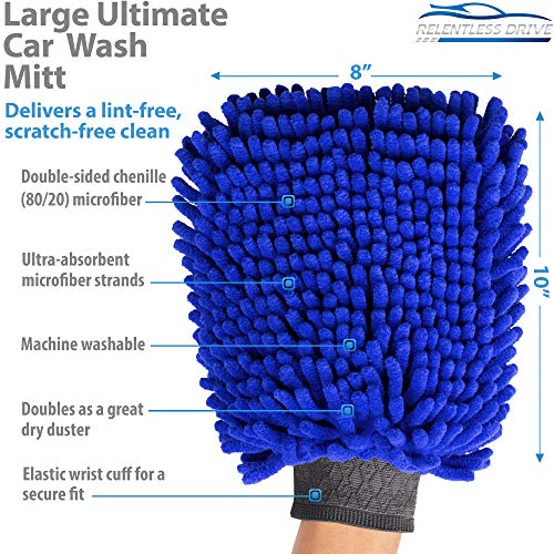 Relentless Drive Car Wash Mitt & Works as Car Wash Sponge, Chenille Microfiber Wash Mitt Scratch Free, Ultra Absorbent Microfiber Mitt for Cars, Trucks, SUV, Boat & Motorcycle (Large)