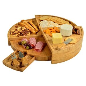picnic at ascot patented bamboo cheese/charcuterie board with knife set-stores as a compact wedge-opens to 18" diameter-designed & quality checked in usa