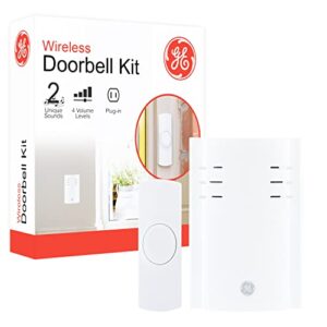 ge wireless doorbell kit, plug-in receiver, 1 push buttons door bell, 2 melodies doorbell chime, 4 volume levels, classroom doorbell, 150 ft range, white, 19298