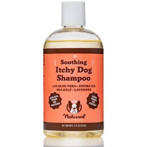 natural dog company itchy dog shampoo, 12 oz., dog dry skin treatment, dog itch relief, hypoallergenic, plant based ingredients, deodorizing dog shampoo, relief from skin allergy symptoms