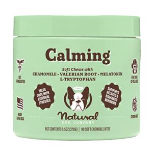 natural dog company calming bites (90 chews), peanut butter and bacon flavor, chewable supplements with melatonin for dogs, promotes relaxation & composure for daily stress, supports balanced behavior