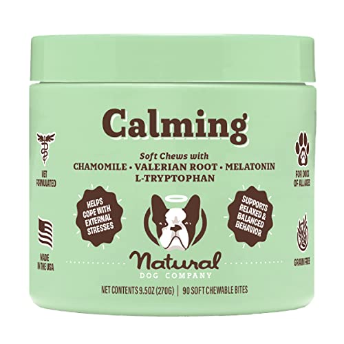 Natural Dog Company Calming Bites (90 Chews), Peanut Butter and Bacon Flavor, Chewable Supplements with Melatonin for Dogs, Promotes Relaxation & Composure for Daily Stress, Supports Balanced Behavior