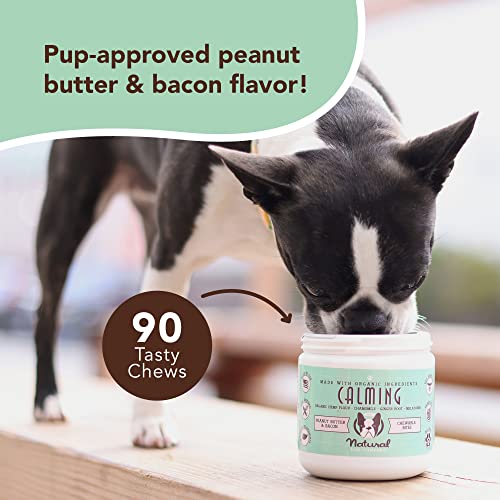 Natural Dog Company Calming Bites (90 Chews), Peanut Butter and Bacon Flavor, Chewable Supplements with Melatonin for Dogs, Promotes Relaxation & Composure for Daily Stress, Supports Balanced Behavior